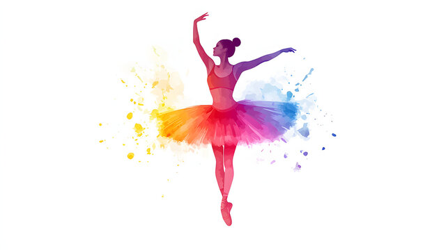 Watercolor illustration of a ballerina with bright colors and splashes on a white background. Illustration for a ballet class banner or poster background.