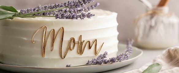 The elegant cake adorned with lavender and a heartfelt 'Mom' decoration.