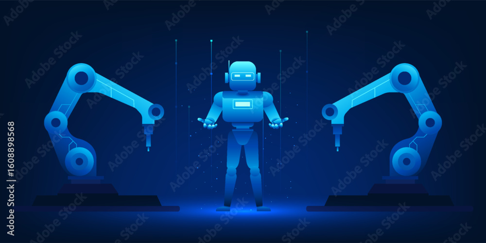 Poster futuristic vector illustration of an ai-powered factory where robotic arms and high-tech machines as