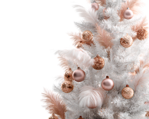 Flocked Christmas Tree with Rose Gold Decor and Feather Ornaments, Elegant Style, PNG