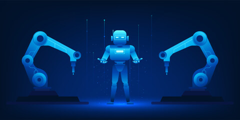 Futuristic vector illustration of an AI-powered factory where robotic arms and high-tech machines assemble humanoid robots. The concept shows artificial intelligence creating intelligent machines