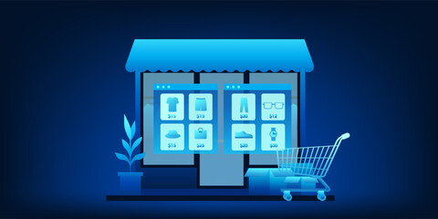 Online clothing store with a digital display showing clothes, prices and promotions. A shopping cart is located at the front, combining both the physical and digital retail experiences.