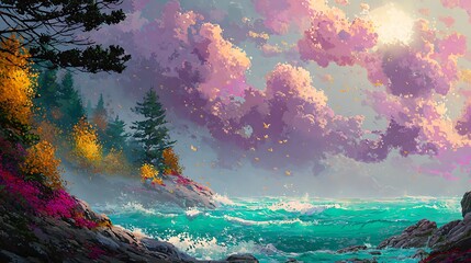 Sunrise paints the coastal forest cliffs with color as ocean mist drifts below