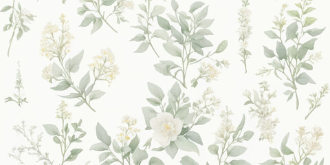 Romantic Watercolor Floral Illustration Set with Ivory Blooms, Butter Yellow Petals, Dusty Green Foliage, and Dusty Blue Details Isolated on Transparent Background
