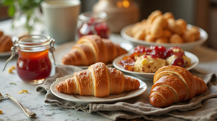 a breakfast table with croissants and jam