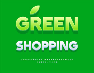Vector Business emblem Green Shopping. Simple White 3D Font. Digital Alphabet Letters and Numbers set.