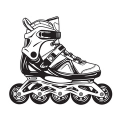 A detailed vintage art illustration of a single inline roller skate in a black and white design