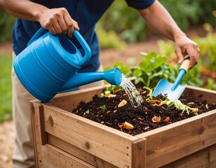 Person tending to raised garden bed with blue watering can and trowel during daylight
