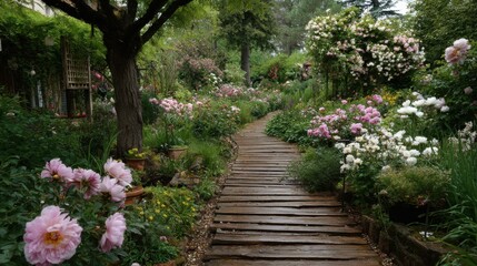 Charming Wooden Pathway Leading to Lush Colorful Garden Brimming with Vibrant Blossoms and Nature