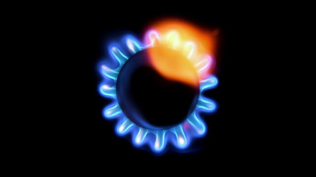 Small Gas Stove Ignition and Blue Flame in 4K Slow Motion &ndash; Compact Ring with Dynamic Rising Fire and Red Highlights on black background