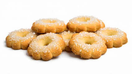 Close up of round sugar cookies with crystal sugar topping, isolated background