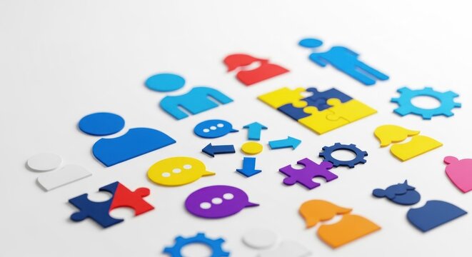 Colorful graphic icons, diverse shapes, and people profiles scattered on a white background.  The icons represent collaboration, communication, and teamwork