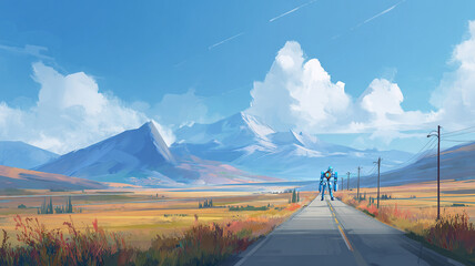 Futuristic Robot Analyzing Financial Growth on a Scenic Road at Sunrise