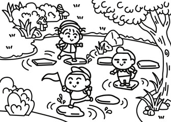 Children are jumping step stone path of water