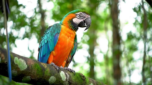Vibrant macaw parrot perched on branch, stunning tropical wildlife in lush green jungle scene