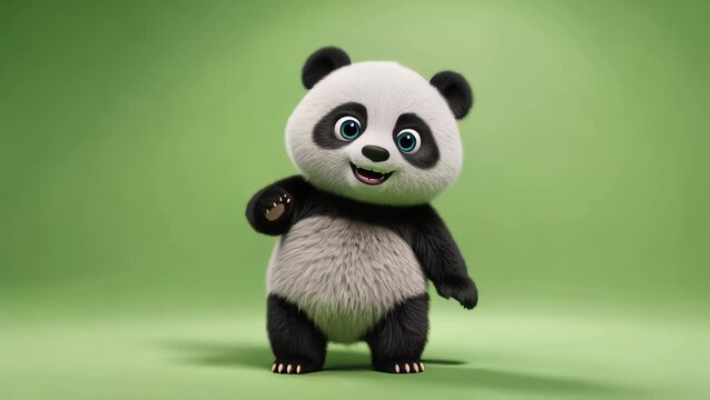 cute black and white 3d baby panda character dancing on a plain green background