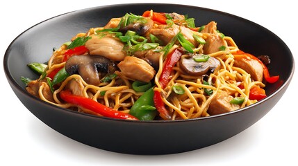 Asian fried noodles with chicken vegetables and mushrooms served in ceramic bowl isolated on white background