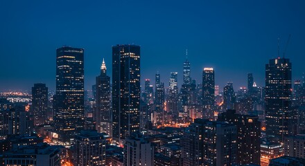 Naklejka premium Stunning cityscape at dusk with illuminated high-rise buildings and vibrant streets glowing under the blue hour sky—capturing the energy of modern urban life.