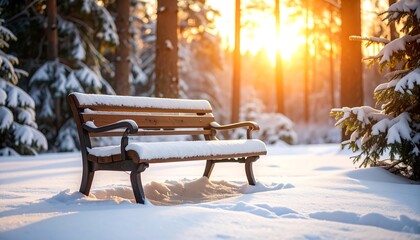 Serene Winter Landscape with Snow Covered Bench and Sunlight Filtering Through Trees