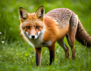 Obraz premium A red fox is between the green grass in the forest. red fox cub.