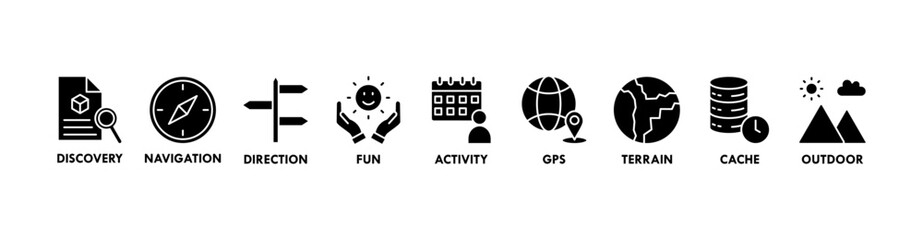 Geocaching banner web icon vector illustration concept with icon of discovery, navigation, direction, fun, activity, gps, terrain, cache and outdoor