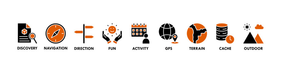 Geocaching banner web icon vector illustration concept with icon of discovery, navigation, direction, fun, activity, gps, terrain, cache and outdoor