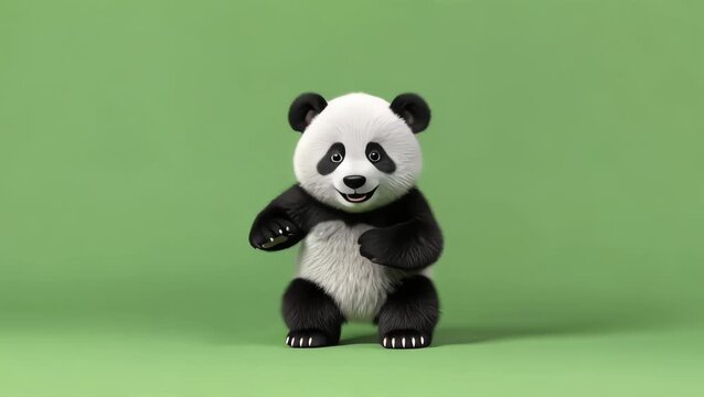 cute black white baby panda bear character dancing happily on a green background