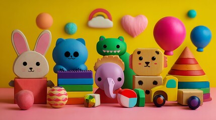 Obraz premium Assorted colorful toys on bright playful background high quality cheerful childrena??s collection