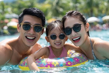 An Asian family of three, the mother and father wearing sunglasses, with their daughter sitting on an inflatable ring in the swimming pool, laughing happily