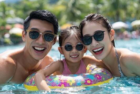 An Asian family of three, the mother and father wearing sunglasses, with their daughter sitting on an inflatable ring in the swimming pool, laughing happily - Powered by Adobe