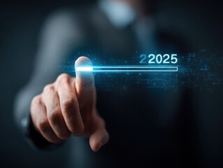 A businessman touches a digital progress bar indicating the transition from 2024 to 2025, symbolizing strategic planning, future readiness and challenge strategy for business startup