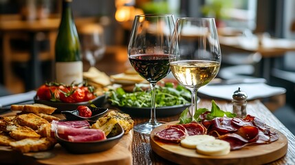 Assorted foods with wine glasses displayed on wooden restaurant table under natural window light