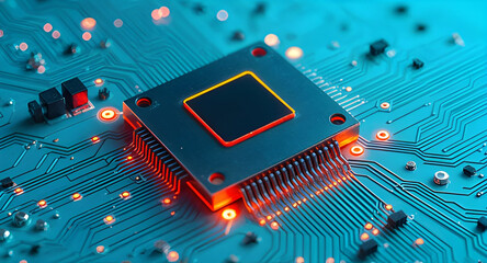 Abstract background with circuit board design and neon blue lines on a black background. Generative AI. The abstract background features a complex circuit board design with neon blue lines against a s