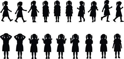 Silhouette of girl walking, standing, gesturing in various poses for design, illustration, healthcare, education, motion, lifestyle, action concepts