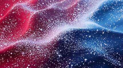 Mesmerizing abstract liquid surface with glowing particles, dynamic red and blue waves creating a futuristic feel