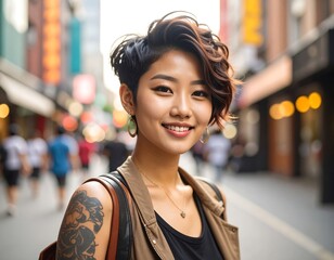 Portrait of a smiling Asian woman with a tattoo in an urban street setting