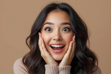 Young woman with ecstatic expression, hands on cheeks, embracing pure joy and surprise in a captivating close-up portrait