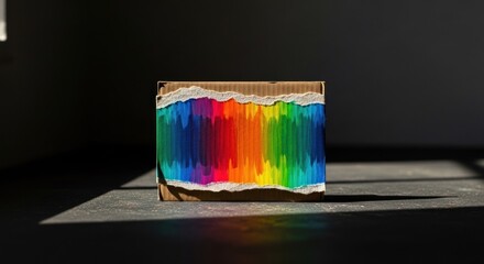 Colorful rainbow design on a torn cardboard box