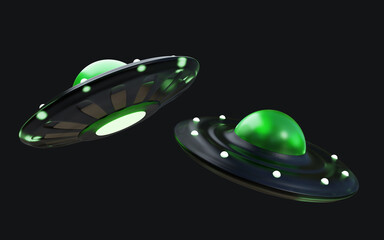 3D illustration of two black and green glowing UFOs flying in space against a dark background. Futuristic sci-fi concept of alien spacecraft, perfect for fantasy, tech, or extraterrestrial themes.
