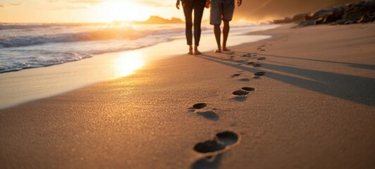 The couple walking on the beach, leaving footprints in the sand during sunset.