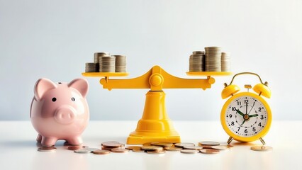 A pink piggy bank and a yellow alarm clock sit on a white surface, with a yellow scale balancing stacks of coins on each pan against a plain white background. Concept of financial planning
