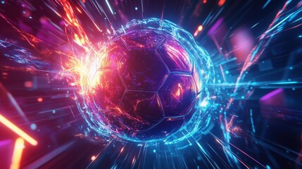 Obraz premium energetic soccer ball in neon light trails