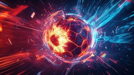 Fototapeta premium fiery soccer ball in neon light speed tunnel