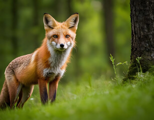 A red fox is between the green grass in the forest. red fox in the forest.