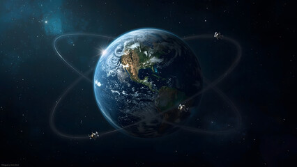 Fototapeta premium Earth from space with orbiting satellites, showcasing global communication, advanced technology, and the beauty of our planet.
