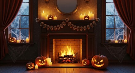 Obraz premium A cozy Halloween scene with a fireplace. Jack-o'-lanterns are placed around the room. Candles illuminate the space, creating a warm atmosphere. Spider webs decorate the windows.