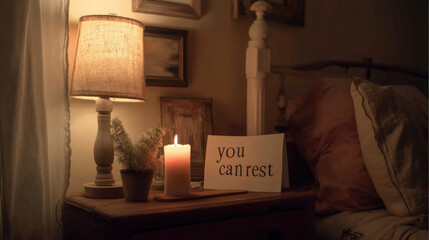 Cozy Side Table with Candle and Affirmation in Warm Lighting