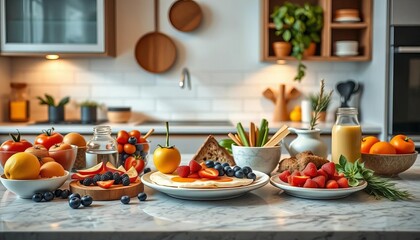 Brightly lit flat lay of a healthy and artistic breakfast spread on a modern kitchen countertop, appetising, breakfast