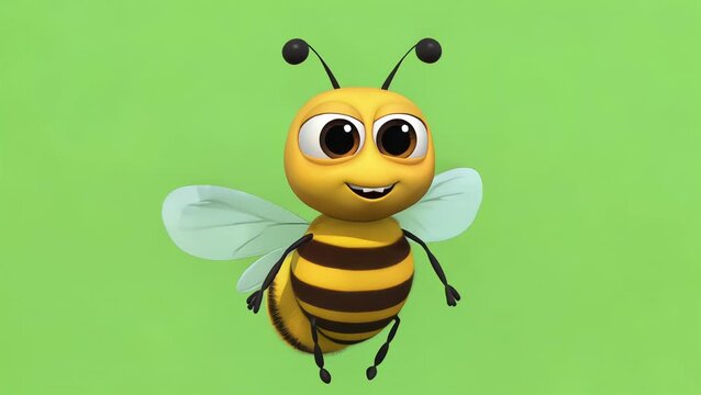 3d cute yellow cartoon bee character flying happily on a green screen background