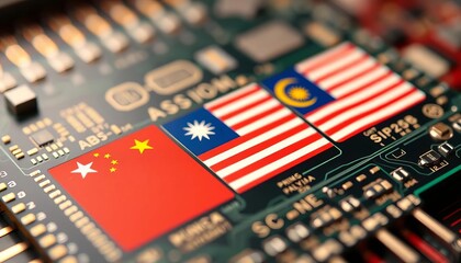 Close-up of microchip displaying printed flags of China, Taiwan, & Malaysia; Asian chip manufacturing nations,  asia pacific,  computer